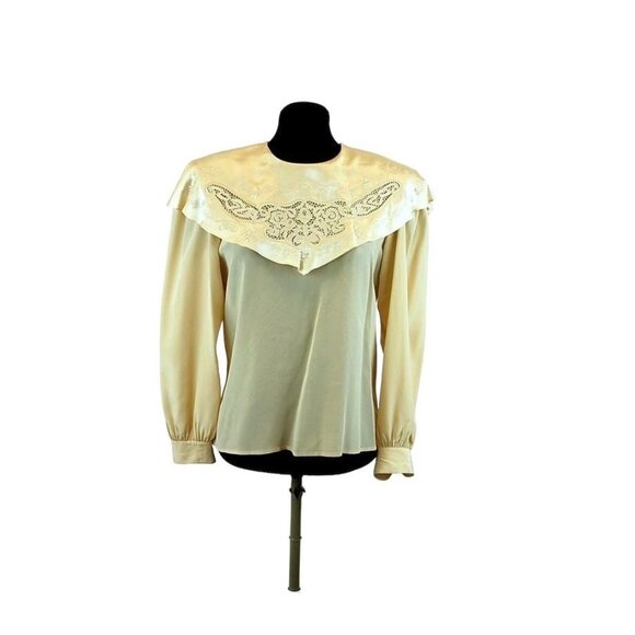 1980s blouse silk satin with lace collar and back buttons Size M - Picture 1 of 5